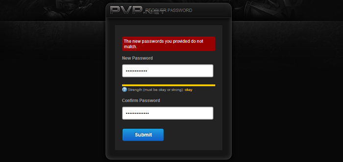 Screenshot che mostra un codice di errore quando le password non combaciano