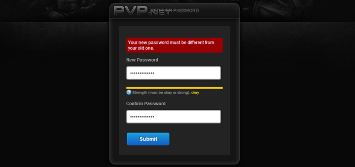 Снимок экрана с ошибкой, указывающей на ввод ранее использованного пароля