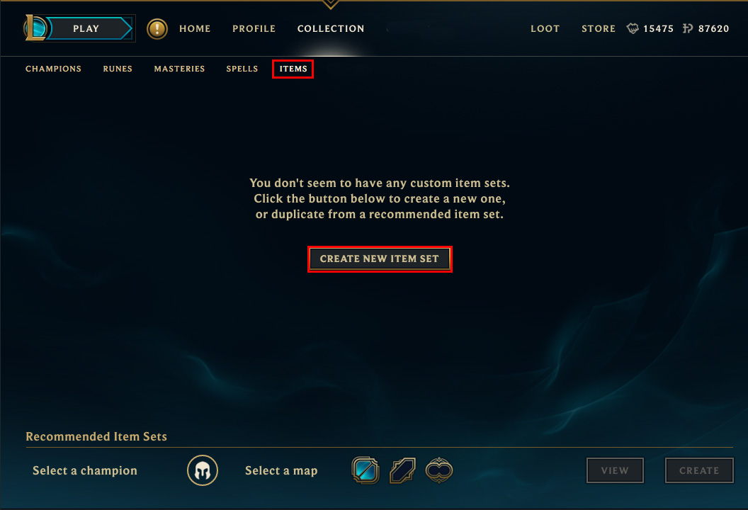 Screenshot of the Item Sets section of the League Client