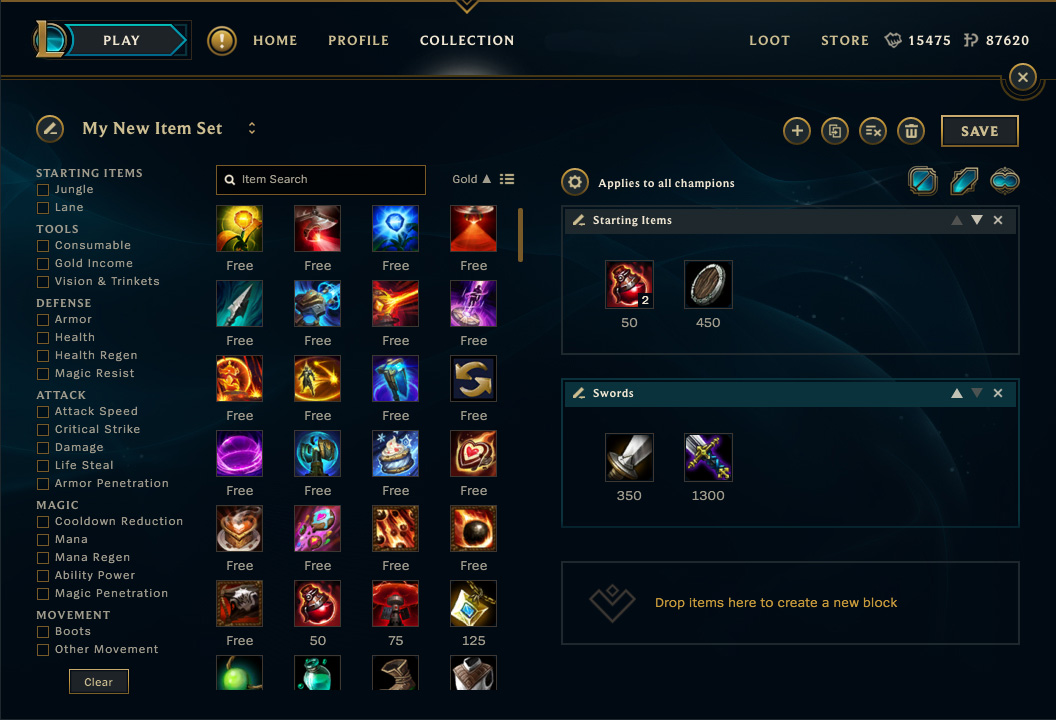 Screenshot showing a sample Item Set build in the League Client editing window