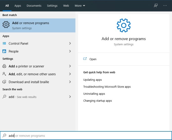 Windows’un “Program Ekle veya Kaldır” penceresi böyle görünür.