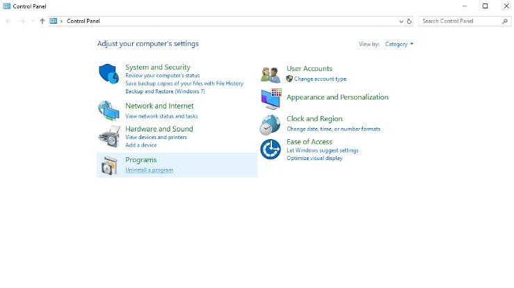 Captura de tela do "Painel de controle" do Windows com "Programas" em destaque.