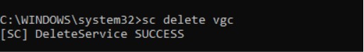 Screenshot of a Windows command prompt showing results for the command “sc delete vgc.”