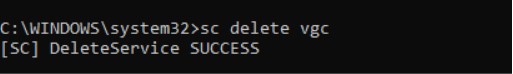 Windows komut istemine “sc delete vgc” komutunu yazdığında çıkan sonuçlar böyle görünür.