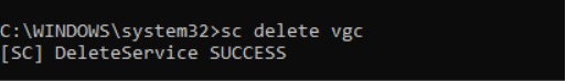 Captura de tela de um prompt de comando do Windows com resultados para o comando "sc delete vgc".