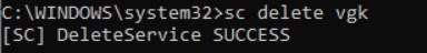 Captura de tela de um prompt de comando do Windows com resultados para o comando "sc delete vgk".