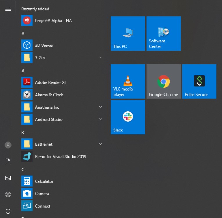 Windows başlangıç menüsü böyle görünür.