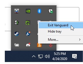 Captura de tela da barra de ferramentas da área de trabalho do Windows depois de um clique com o botão direito do mouse, com a seta sobre um texto que diz "Exit Vanguard" (Sair do Vanguard).