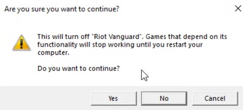 Screenshot of a Windows pop-up confirming you want to continue with disabling Riot Vanguard.