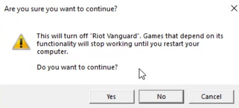 Captura de tela de uma notificação do Windows confirmando se você deseja prosseguir com a desativação do Riot Vanguard.