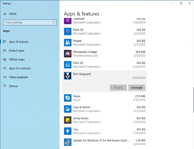 Screenshot of Windows' Apps and features menu, where players can uninstall Riot Vanguard.