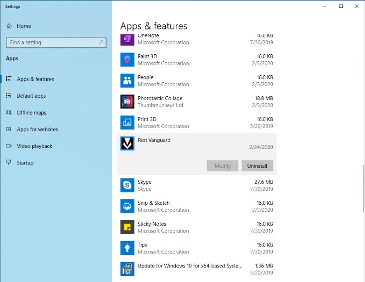 Captura de tela do menu "Aplicativos e recursos" do Windows, em que os jogadores podem desinstalar o Riot Vanguard.