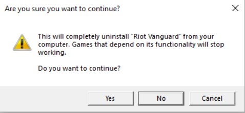 Screenshot of a Windows pop up asking if you want to continue to uninstall Riot Vanguard.