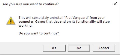 Captura de tela de uma notificação do Windows perguntando se você deseja prosseguir com a desinstalação do Riot Vanguard.