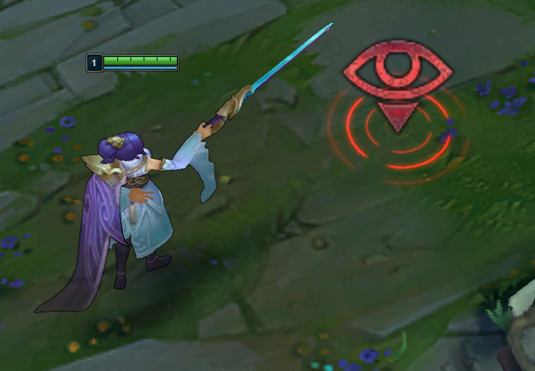 Screenshot of Fiora from League of Legends standing next to a Vision Here ping