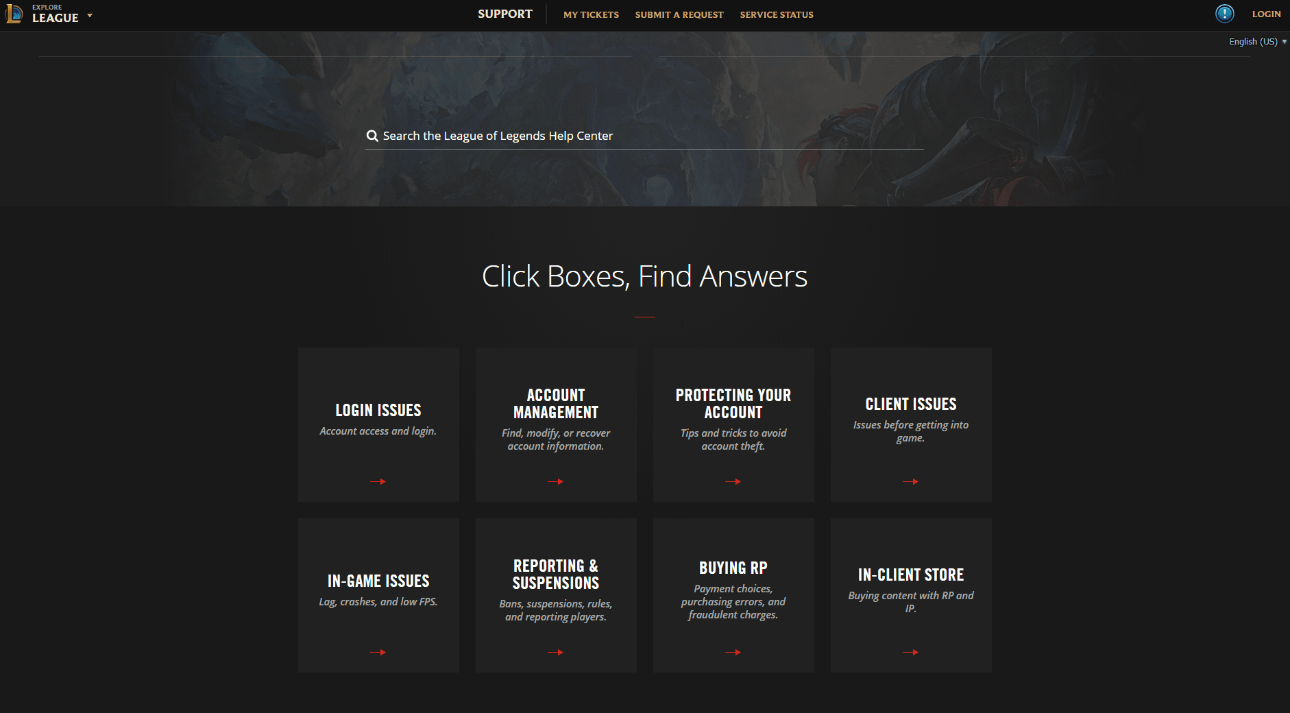 League of Legends Support > My activities My Tickets SEARCH