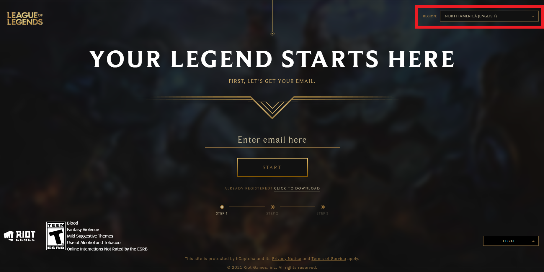 Página de registro de League of Legends: Aquí comienza vuestra leyenda.