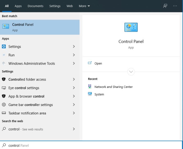 Screenshot of a search in the Windows desktop taskbar showing results for “Control Panel.”