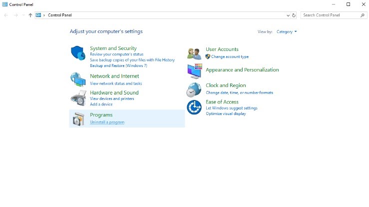 Screenshot of Windows' Control Panel, with “Programs” highlighted.