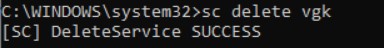 Screenshot of a Windows command prompt showing results for the command “sc delete vgk.”