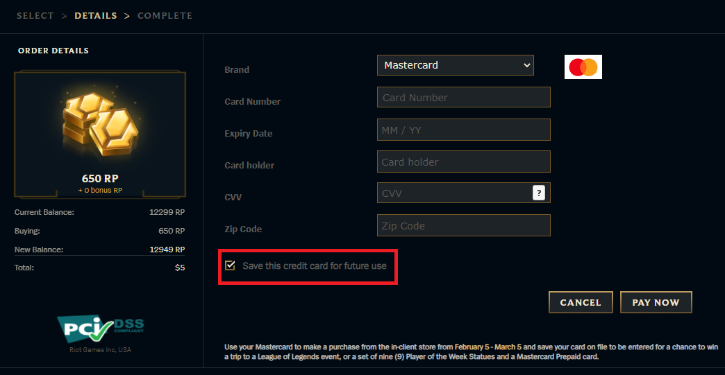 League of Legends support - the Order Details page in the Riot Client where players enter their credit card information, with the Save This Credit Card for Future Use box highlighted and checked.