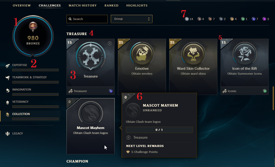 league of legends support challenges page screenshot with numbered sections