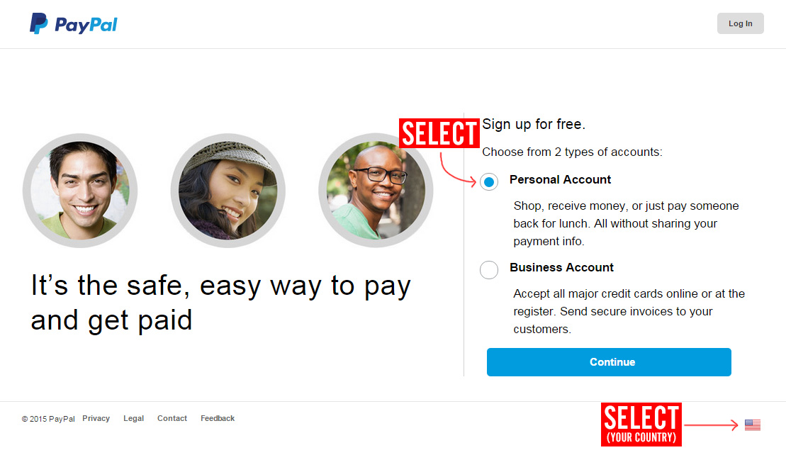 Captură de ecran care indică faptul că ar trebui să alegi ''Personal Account'' (''Cont personal'') și regiunea ta pe site-ul web PayPal