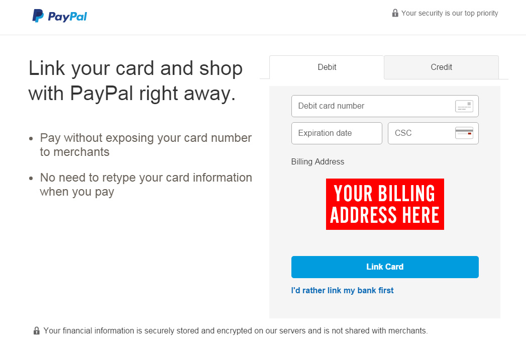 Zrzut ekranu pokazujący, gdzie wprowadzić dane karty kredytowej lub debetowej na koncie PayPal