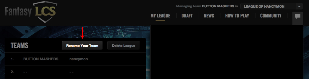 Captura de tela da página do Fantasy LCS mostrando onde renomear a Liga criada
