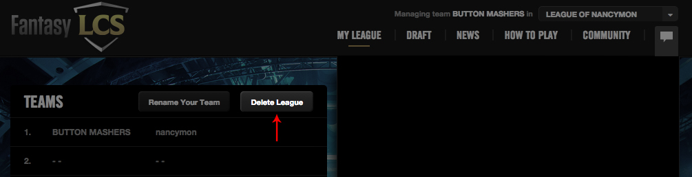 Captură de ecran arătând unde să ștergi liga creată pe site-ul Fantasy LCS
