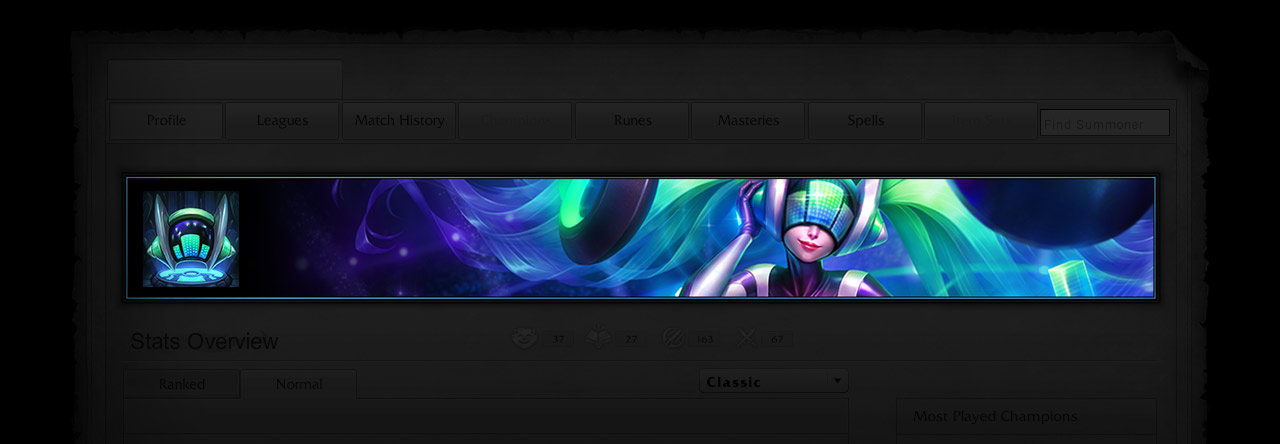 Screenshot of DJ Sona's standard Profile Banner. League of Legends Support