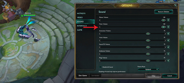 Screenshot showing where to mute or lower the DJ Sona's music effects in the System Menu within a League match