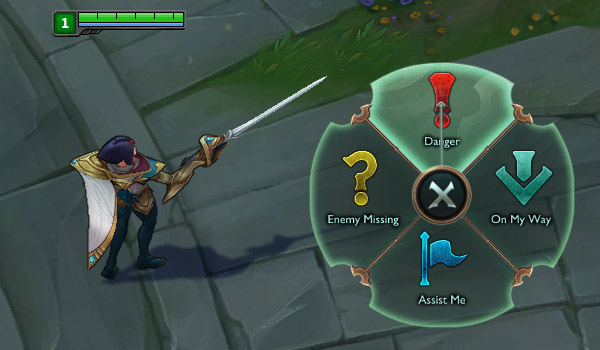 Screenshot showing Ping Menu wheel and dragging with left click over Danger icon. League of Legends Support